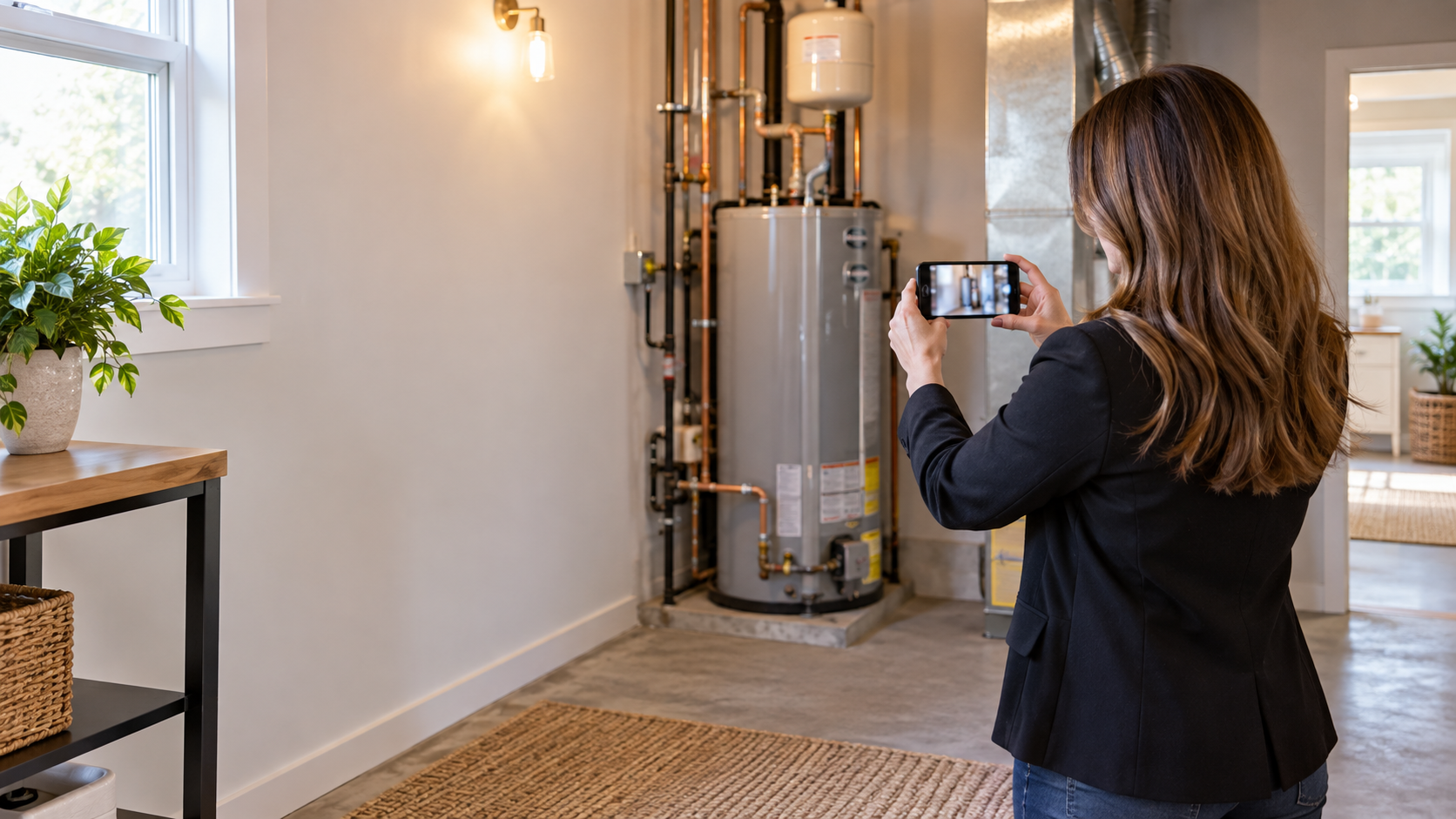 AI-generated illustration of a participant holding a phone horizontally to show a home utility area to a remote inspector.