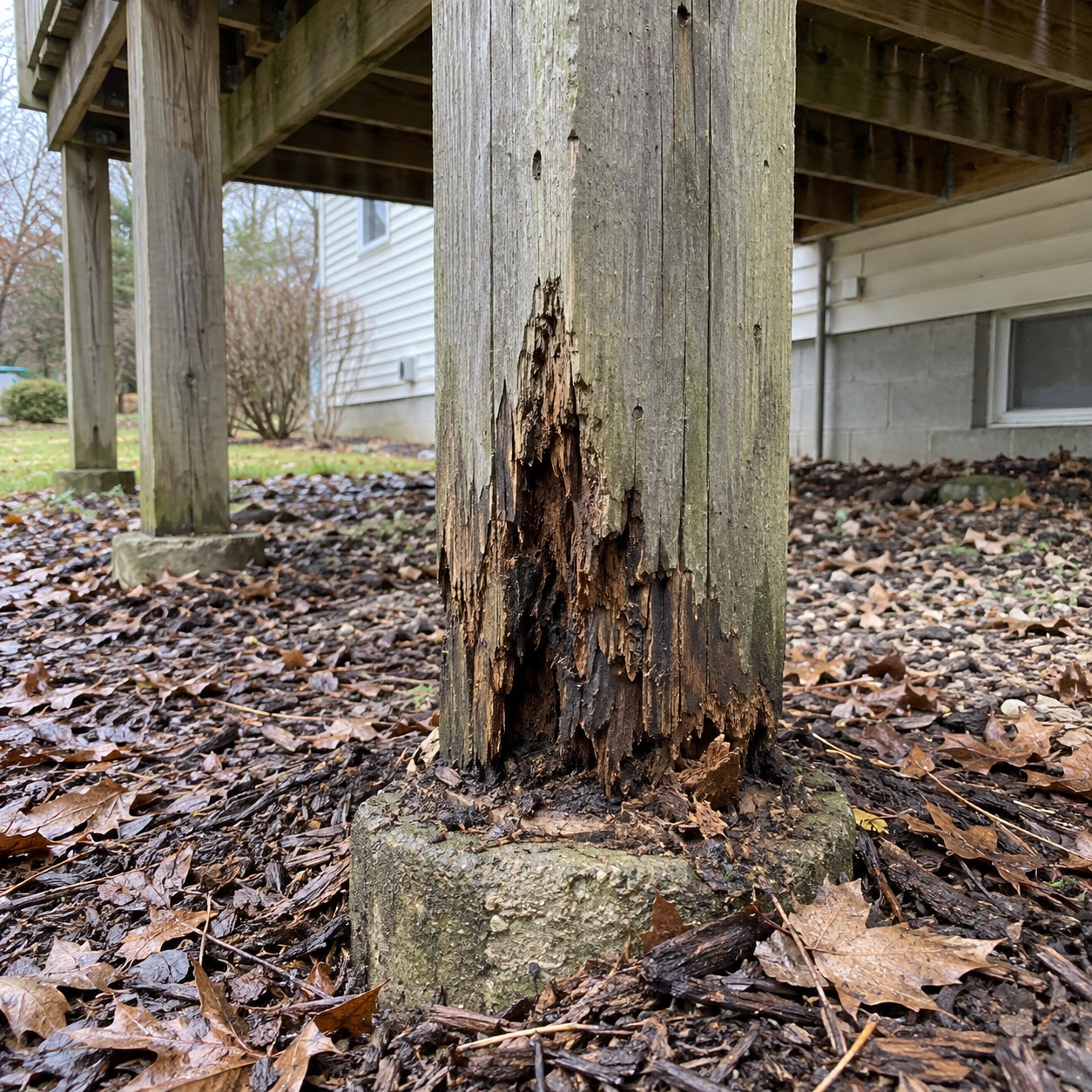 Extensive deterioration and missing wood at the base of a wood deck support post resting on a concrete pier.